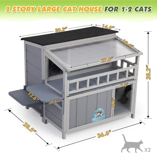 Outdoor Cat House, 2-Tier Warm Wood Cat Shelter with Sunlight Roof, Balcony, Jumping Platforms, Kitty Pet Porch Enclosure, Weatherproof, Openable, Gray - Image 3
