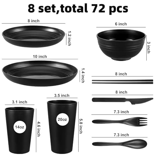 72 Pcs Plates and Bowls Sets, Unbreakable Wheat Straw Dinnerware Set Service for 8, Plastic Dish Set, Reusable Plates Bowls Cups for Kitchen, Camping, Outdoor, Dorm Microwave & Dishwasher Safe, Black - Image 2