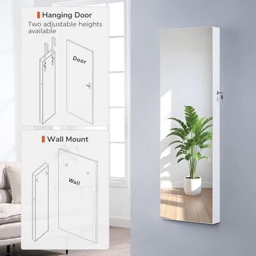 GISSAR Mirror Jewelry Cabinet, LED Lights Wall Mount Door Hanging Full Length Jewelry Organizer Armoire with Built-in Makeup Mirror and Jewelry Storage, Large Capacity Lockable Jewelry Armoire, White - Image 2