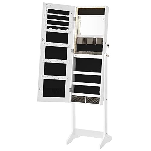 SONGMICS Mirror Jewelry Cabinet Standing Armoire Organizer, Jewelry Storage with Full-Length Frameless LED Lights, Built-in Makeup Mirror, 2 Drawers, Lockable, White UJJC023W01 - Image 11