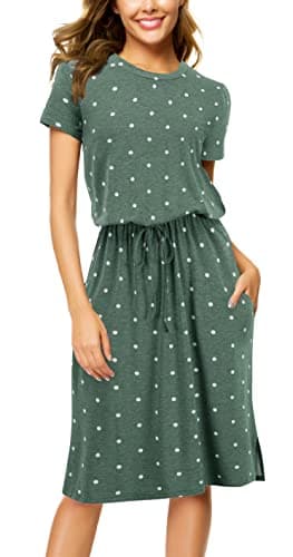 Women Summer Sleeve Pocket Modest Work Casual Midi Knee Dress Polka Dot Green L