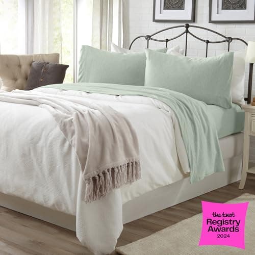 Cotton Jersey Knit Twin XL Sheet Set - Ultra-Soft, Stretchy, Heathered Melange Green Bed Sheets - Cozy, Soft T-Shirt Sheet & Pillowcase Set - Image 2