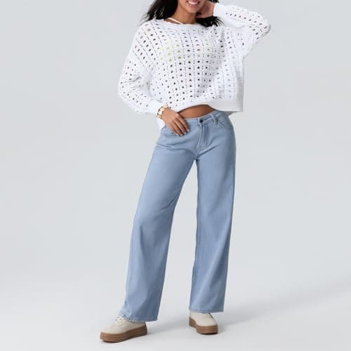 Kodaruber Women Y2k Low Rise Baggy Jeans Loose Fit Boyfriend Straight Wide Leg Jeans Trendy Stretch Long Denim Pants(Baby Blue,X-Small) - Image 4