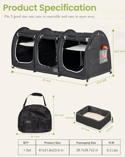 Portable Three Compartment Show House Cat Cage Condo - Easy to Fold & Carry Kennel - Comfy Puppy Home & Dog Travel Crate with Portable Carry Bag,2 Hammocks,3 Mats and Collapsible Litter Boxs - Image 2