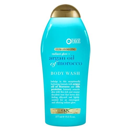 OGX Radiant Glow + Argan Oil of Morocco Extra Hydrating Body Wash for Dry Skin, Moisturizing Gel Cleanser for Silky Soft Skin, Body Wash for Women, Sulfate-Free Surfactants, 19.5 fl oz