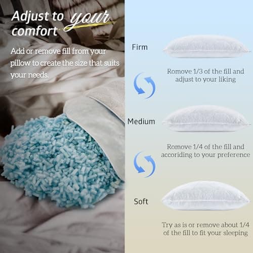 BETU Cooling Pillow Queen Size, Shredded Memory Foam Cool Pillow for Hot Sleepers, Adjustable Firm Soft Support Bed Pillows Perfect for Back Neck Pain and Side Sleeping with Pillow Case Cover, White - Image 5