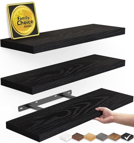 BAYKA Floating Shelves for Wall, Wall Mounted Rustic Wood Shelves for Bathroom, Bedroom, Living Room, Kitchen, Hanging Shelf for Books/Storage/Room Decor with 22lbs Capacity (Black, Set of 3, 15.7in)