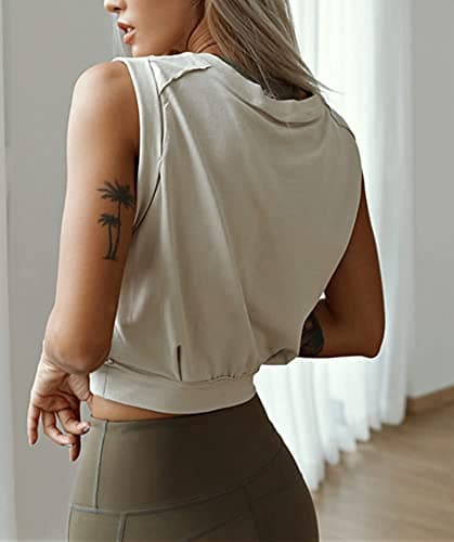 ARRIVE GUIDE Crop Top Athletic Shirts for Women Cute Sleeveless Yoga Tops Running Gym Workout Tshirts Apricot L - Image 3