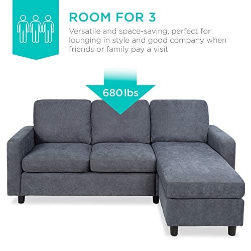 Best Choice Products Upholstered Sectional Sofa for Home, Apartment, Dorm, Bonus Room, Compact Spaces w/Chaise Lounge, 3-Seat, L-Shape Design, Reversible Ottoman Bench, 680lb Capacity - Blue/Gray - Image 7