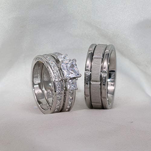 TWO RINGS Wedding Ring Sets His And Hers Promise Ring Couples Bridal Sets Women 925 Sterling Silver square Cz Man Stainless Steel Brushed Finished Wedding Bands - Image 7
