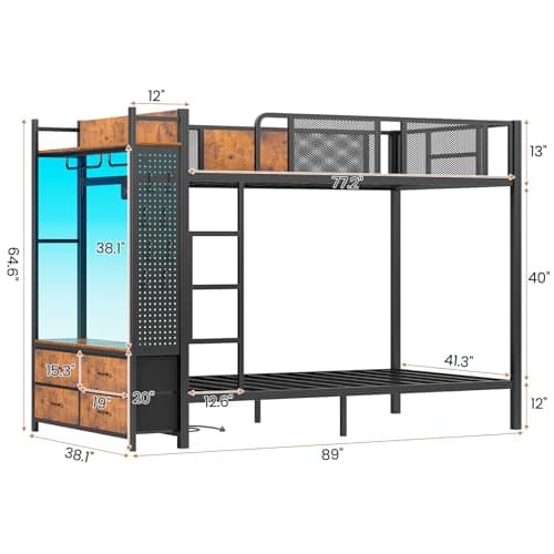Itaar Metal Bunk Bed Twin Over Twin with Hall Tree, Power Outlet, LED Bunk Bed with 4 Storage Drawers, Bed with Safety Guardrail & Ladders, No Box Spring Needed, Easy Assembly, Rustic Brown - Image 2