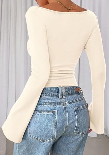 PRETTYGARDEN Women's Long Sleeve Shirts 2025 Fall Crop Going Out Tops Casual Boat Neck Bell Sleeve Ribbed Ruched Y2K Clothes (Beige,Small) - Image 6