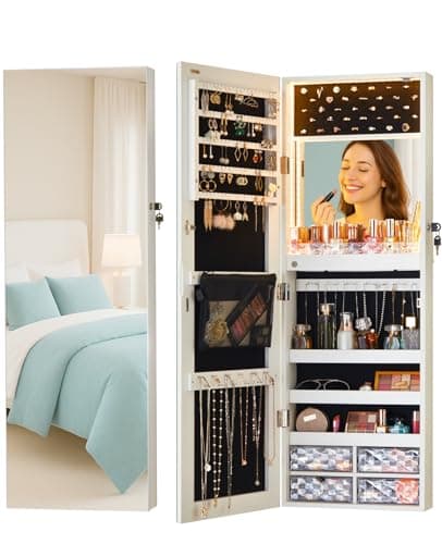 LUXFURNI LED Lights Mirror Jewelry Cabinet Wall Mounted or Door-Hanging, 42" Full Length Mirror with Storage, Built-in Makeup Mirror, Lockable Jewelry Mirror Organizer, White