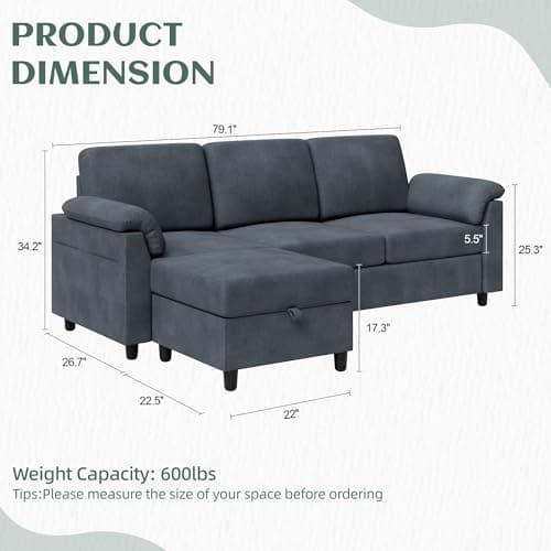 Vongrasig 79" Convertible Sectional Couches Sofa with Storage Ottoman, 3 Seat L Shaped Couch with Side Storage Pockage, Linen Fabric Small Couches for Living Room, Apartment and Small Space, Grey - Image 2