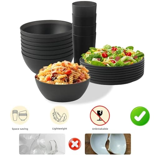 YARRGGU 24pcs Dinnerware Sets,Plastic Plates and Bowls Sets,Dishes Set for 8,Unbreakable Modern Dish Sets,Reusable Dinning Set,Dishware Sets for Kitchen,Party or Picnic, Dishwasher Safe,Black,BPA free - Image 4