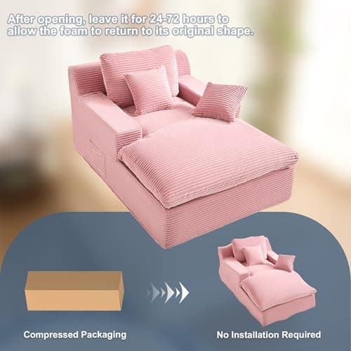 63" Oversized Chaise Lounge Chair Indoor, Extra Cloud Layer, Convertible Sleeper Sofa Couch with Removable Pillows & Side Pockets, Corduroy Upholstered Sofa Bed with Armrests for Living Room, Pink - Image 8