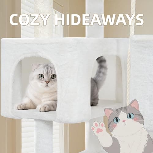 71in Multifunctional Multi-Level Cat Tree Tower for Indoor Cats,Cat Tree with Hammock,2 Condos,2 Hanging Baskets,2 Feather Toys,3 Perches,5 Hanging Balls,7 Scratching Posts,Beige - Image 5