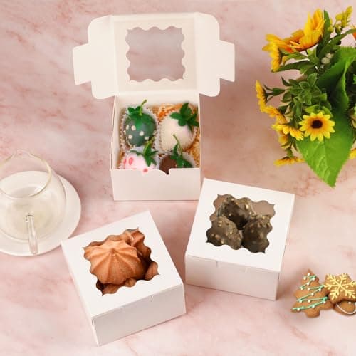 WINKIO 24pcs White Cookie Boxes, 4x4x2.5 Inches Bakery Boxes with Window, for Mini Cake Treat Dessert Pastry Donuts Macaroon Strawberries Chocolate Candy (with Stickers) - Image 6
