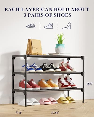 Kitsure Shoe Rack - Non-Woven Shoe Rack Shelf, Shoe Organizer for Closet, Entryway, Garage & Corridor, Stackable Shoe Shelves, 27.5" Wide - 3 Tier, Black - Image 3