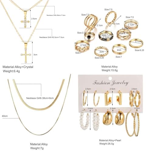 CONGYING 65 Pcs Gold Jewelry Set with 6Pcs Layered Necklace, 11 Pcs anklet and 7Pcs Earring Ear Cuff,11Hoop Earrings,15pcs Rings,15pcs stud earrings Jewerly set for Women Gift - Image 2