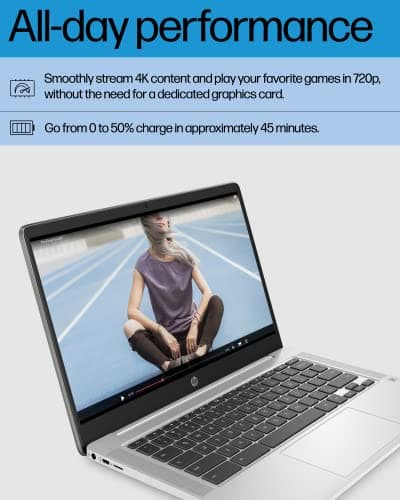 HP Chromebook 14 Laptop, Intel Celeron N4120, 4 GB RAM, 64 GB eMMC, 14" HD Display, Chrome OS, Thin Design, 4K Graphics, Long Battery Life, Ash Gray Keyboard (14a-na0226nr, 2022, Mineral Silver) - Image 4