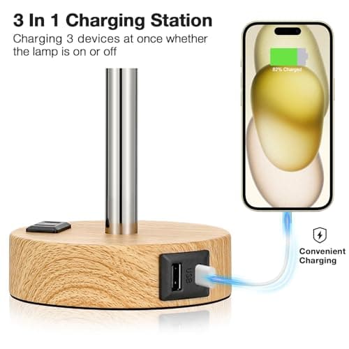 Fenmzee Bedside Table Lamp for Bedroom - 3 Way Dimmable Touch Lamp USB C Charging Ports and AC Outlet, Small Lamp Wood Base Round Flaxen Fabric Shade for Living Room, Desk, LED Bulb Included - Image 3