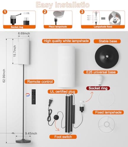 luckystyle LED Floor Lamp for Living Room, Dimmable Standing Lamps with Foot Switch,Remote Custom Color Temperature Black Pole Lamp with Lampshade,12W Led Bulb Tall Lamps for Bedroom Office Kid Room - Image 4