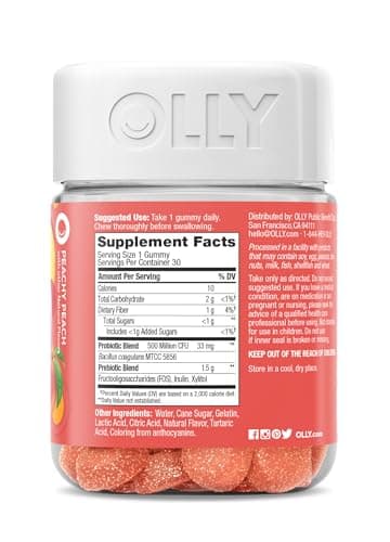 OLLY Probiotic + Prebiotic Gummy, Digestive Support and Gut Health, 500 Million CFUs, Fiber, Adult Chewable Supplement for Men and Women, Peach, 30 Day Supply - 30 Count - Image 6