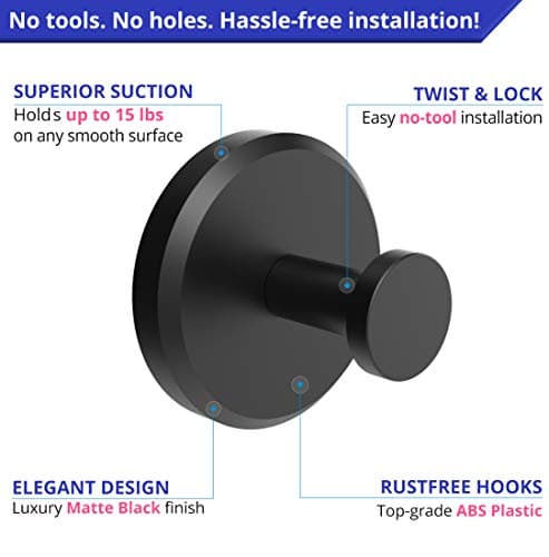 HOME SO Suction Cup Hooks for Shower, Bathroom, Kitchen, Glass Door, Mirror, Tile – Loofah, Towel, Coat, Bath Robe Hook Holder for Hanging up to 15 lbs – Waterproof & Rustproof, Matte Black (2-Pack) - Image 5