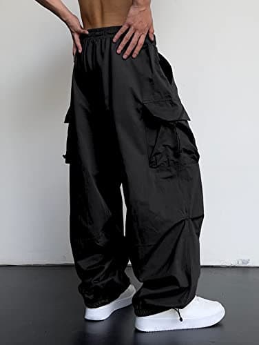 ZAFUL Flat Pocket Parachute Pants for Men Causal Baggy Cargo Pants Unisex Street Y2K Pants Drawstring Trousers Black XXL - Image 5