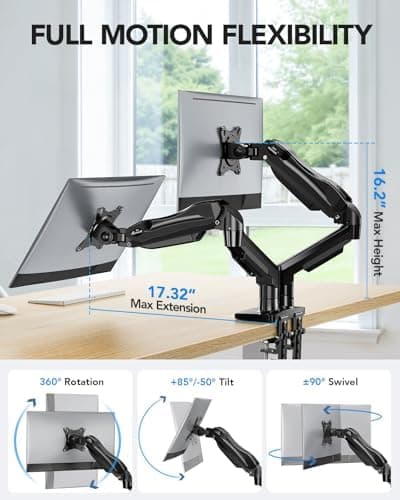 HUANUO FlowLift™ Dual Monitor Stand, Fully Adjustable Gaming Monitor Desk Mount for 13–32″ Computer Screens, Full Motion VESA 75x75/100x100 with C-Clamp & Grommet Base, Each Arm Holds 4.4 to 19.8 lbs - Image 4