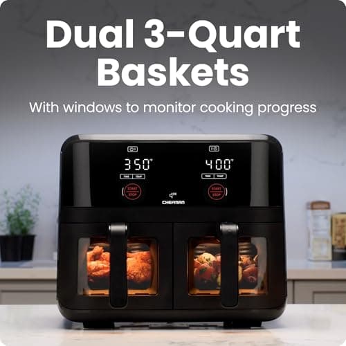 CHEFMAN 6 Quart Dual Basket Air Fryer Oven with Easy View Windows, Sync Finish, Hi-Fry, Auto Shutoff, 2 Independent 3Qt Nonstick Dishwasher Safe Frying Baskets, Digital Double Air Fryer - Black - Image 5