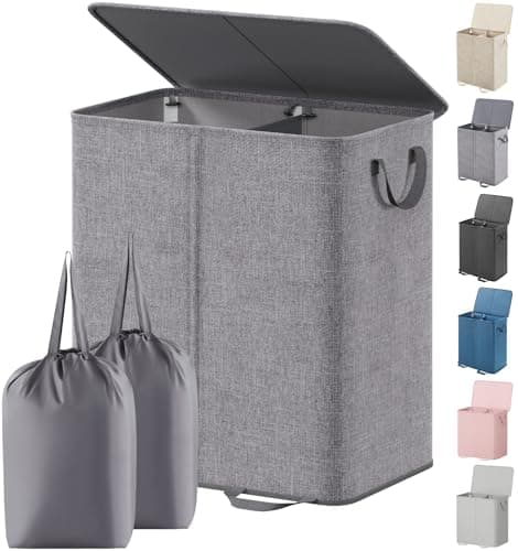 Lifewit Double Laundry Hamper with Lid and Removable Laundry Bags, Large Collapsible 2 Dividers Dirty Clothes Basket with Handles for Bedroom, Laundry Room, Closet, Bathroom, College, 136L Grey