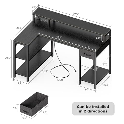 SUPERJARE 47 inch Reversible L Shaped Desk with LED Lights & Power Outlets, Computer Desk with Shelves & Monitor Stand, Gaming Desk with Drawer, Home Office Desk Corner Desk, Black - Image 3