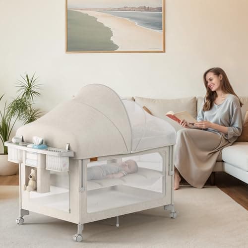 TinyGlow 4 in 1 Baby Bassinet, Pack and Play, Bedside Crib Sleeper, Diaper Changer, Quickly Assembled and Folded Portable Crib with Mattress and Mosquito Net, Easy to Carry - Image 2