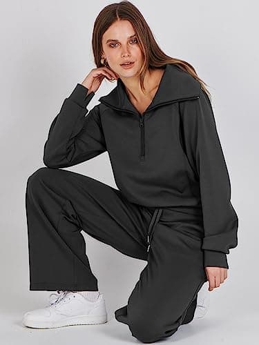 ANRABESS Women 2 Piece Outfits 2025 Fall Fashion Airport Wide Leg Pants Lounge Set Leisure Travel Vacation Clothes Sweatsuits Black Medium - Image 7