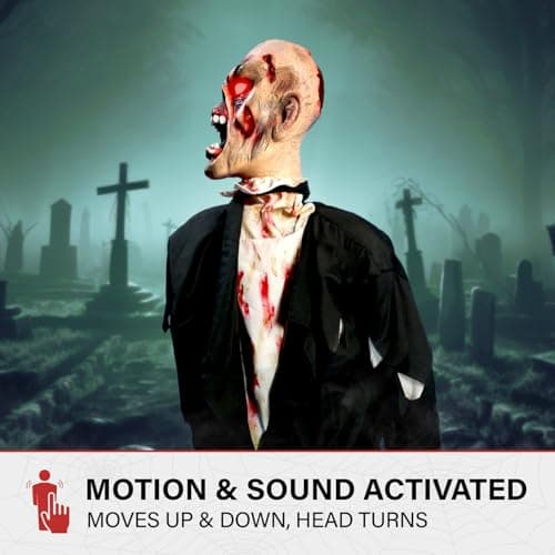 Haunted Hill Farm Damien by Tekky, Battery-Operated, Motion and Sound Activated Animatronic Zombie with Sound Effects and Lights for Indoor or Covered Outdoor Creepy Halloween Decoration - Image 6