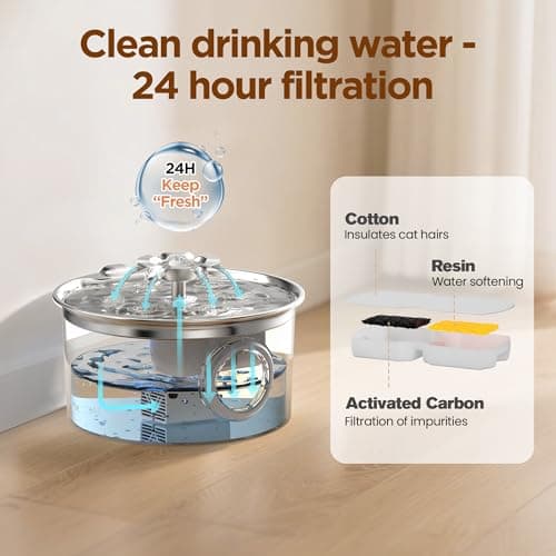 Stainless Steel Cat Water Fountain: 88oz/2.6L Ultra Quiet Pet Fountain with Flower Kitty Spout & LED Blue Light Water Dispenser with Water Level Window for Cats/Dogs Indoor (Silver) - IHOUONE - Image 8