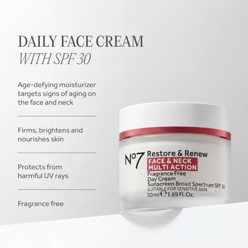 No7 Restore & Renew Multi Action Face & Neck SPF 30 Day Cream - Firming & Hydrating Face Moisturizer with Hyaluronic Acid to Help Reduce the Appearance of Wrinkles - Fragrance-Free (1.69 Fl Oz) - Image 2