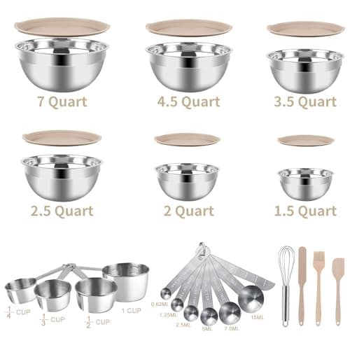 WEPSEN Mixing Bowls Set, 27PCS Khaki Mixing Bowls With Lids Set Stainless Steel Kitchen Large Nesting Metal Bowl 7QT to 1.5QT, Measuring Cups and Spoons for Prepping Cooking Serving - Image 8