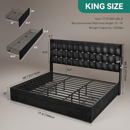 YITAHOME King Size Bed Frame with 3 Storage Drawers and RGB LED Lights, Velvet Upholstered Bed with Charging Station and Storage Headboard, No Box Spring Needed, Easy Assembly, Noise-Free, Black - Image 2