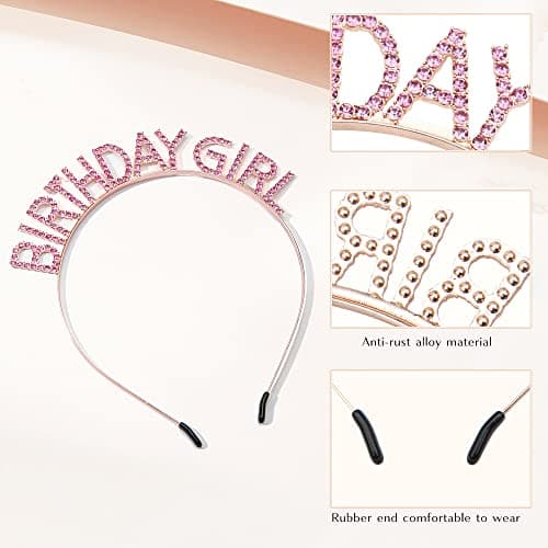 PQRUU Glitter Birthday Sash, Tiara and Rhinestone Headband Set - Pink Birthday Accessories for Her - Image 5