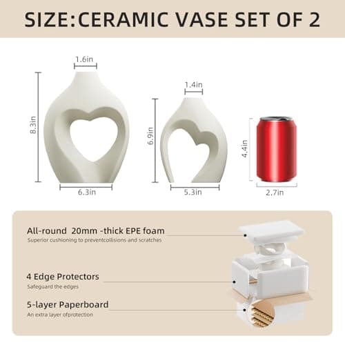 Zormon White Vases for Decor, Heart Shaped Ceramic Vase Set of 2, Nordic Heart Shaped Vases, Minimalist Decorative Vase for Table Centerpiece Wedding Dining Living Room Office House Decoration - Image 3