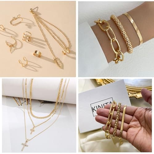 CONGYING 65 Pcs Gold Jewelry Set with 6Pcs Layered Necklace, 11 Pcs anklet and 7Pcs Earring Ear Cuff,11Hoop Earrings,15pcs Rings,15pcs stud earrings Jewerly set for Women Gift - Image 5