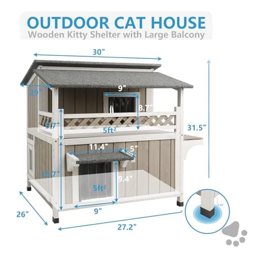 Gowoodhut Feral Cat Shelter Outdoor Weatherproof Houses for Cats Two Story Wooden Cat House Outside Feral Cat House with Balcony Waterproof, Escape Doors - Image 6