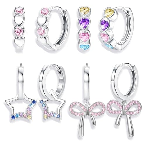 BESTEEL 4 Pairs Hypoallergenic Huggie Hoop Earrings for Girls Women Silver Small Dangle Hoop Earrings Bow Earrings Tiny Cute CZ Heart Butterfly Earrings Set Pink Colorful Star Earring for Sensitive Ears（Heart Star bow set）over 3 years old
