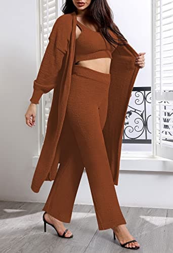 TOLENY 3 Piece Fuzzy Outfits Sets for Women Cardigan Crop Tank Wide Leg Pants Sweatsuit Lounge Sets Brown XL - Image 3
