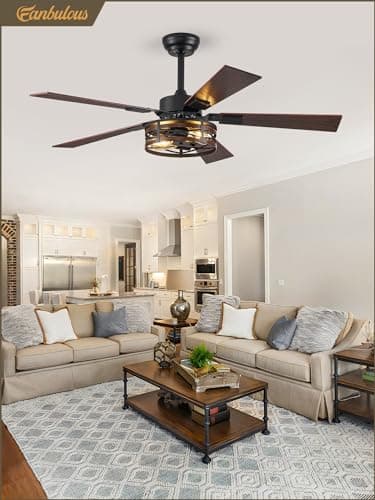 Farmhouse Ceiling Fans with Light, 48 Inch Bedroom Ceiling Fan with Lights, 6-Speed Adjustable, Quiet and Reversible DC Motor, Dual Finish 5 Blades, Rustic Caged Ceiling Fan for Living Room - Image 7