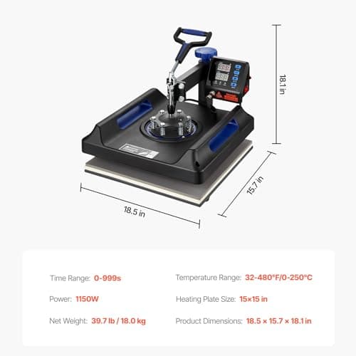VEVOR 8 in 1 Heat Press Machine 15x15 Inch, 360° Swing Away Shirt Press Machine - Digital Professional Heat Transfer Tshirt Press Machine, Sublimation Heat Press for T Shirts Hat Cap Mug Plate Blue - Image 8
