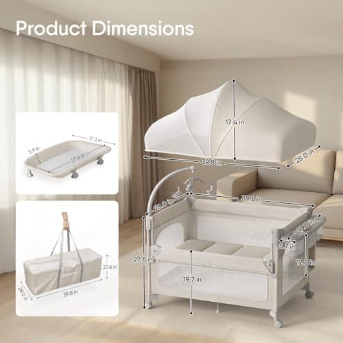 TinyGlow 4 in 1 Baby Bassinet, Pack and Play, Bedside Crib Sleeper, Diaper Changer, Quickly Assembled and Folded Portable Crib with Mattress and Mosquito Net, Easy to Carry - Image 6